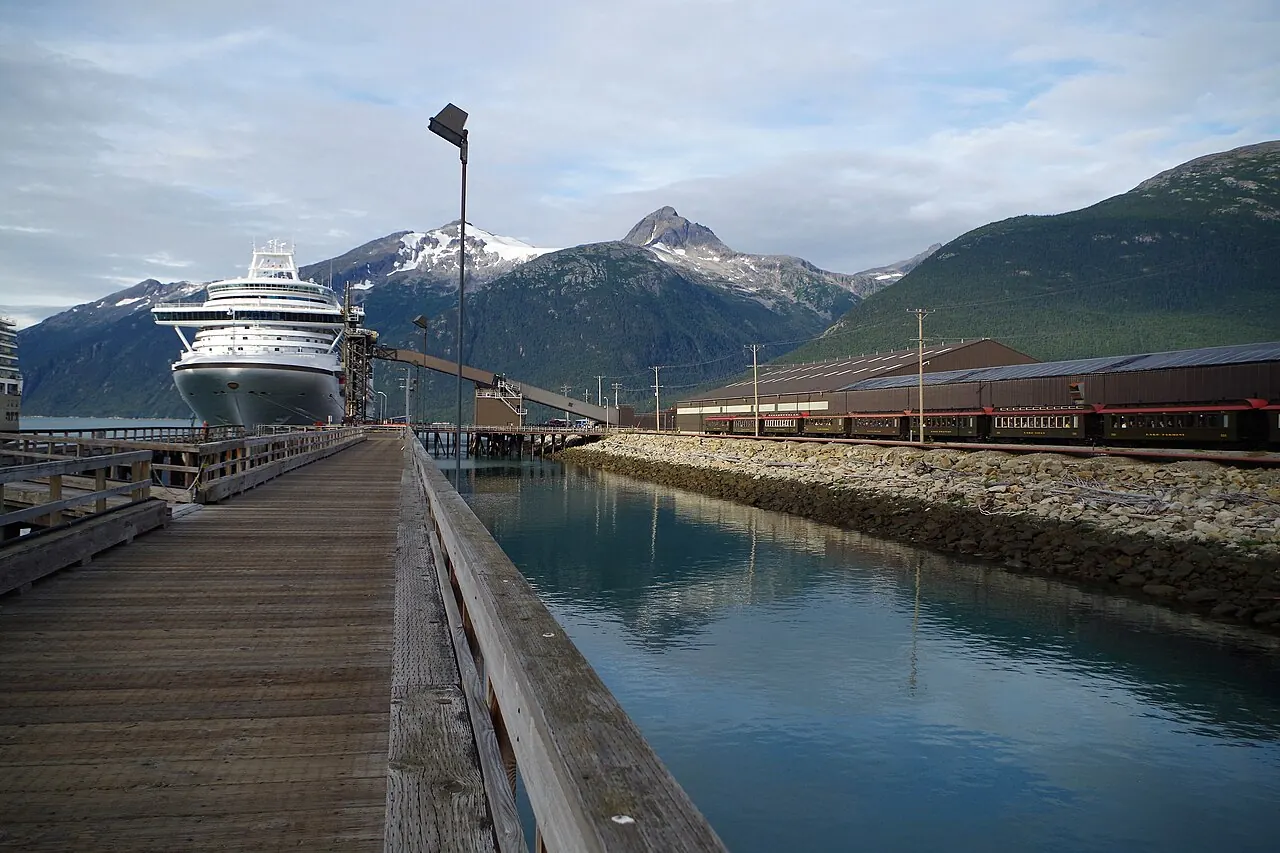 A cruise ship at the Skagway dock