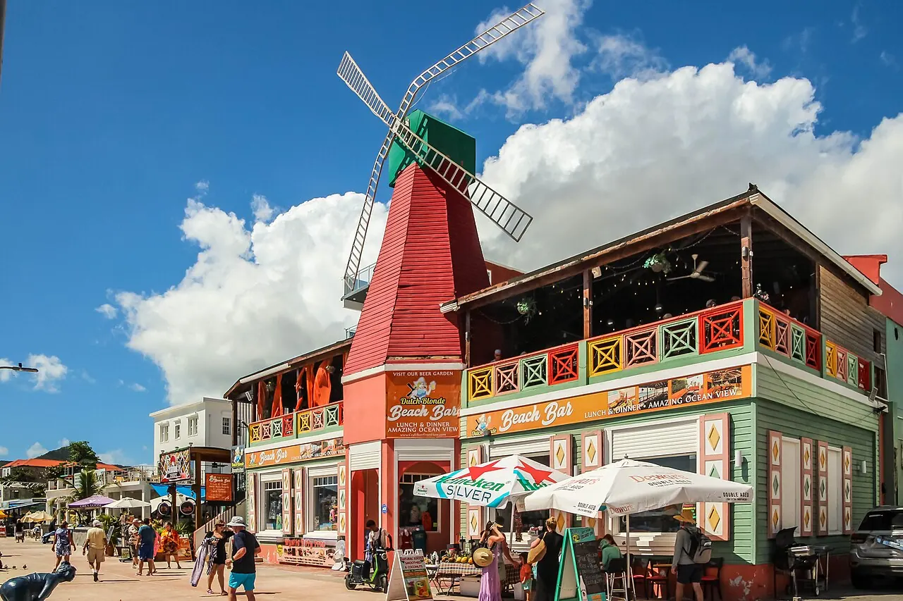 Colorful buildings on the Great Bay boardwalk in Philipsburg